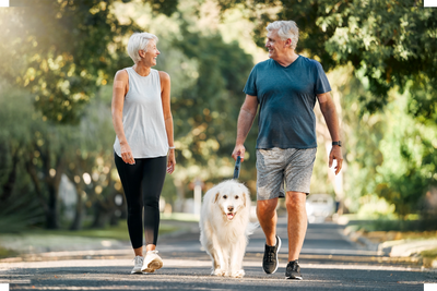 Couple walking a dog
